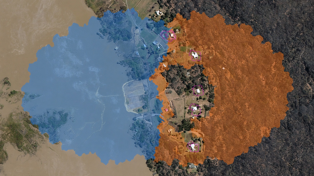 Flood and fire-affected landscape in satellite imagery