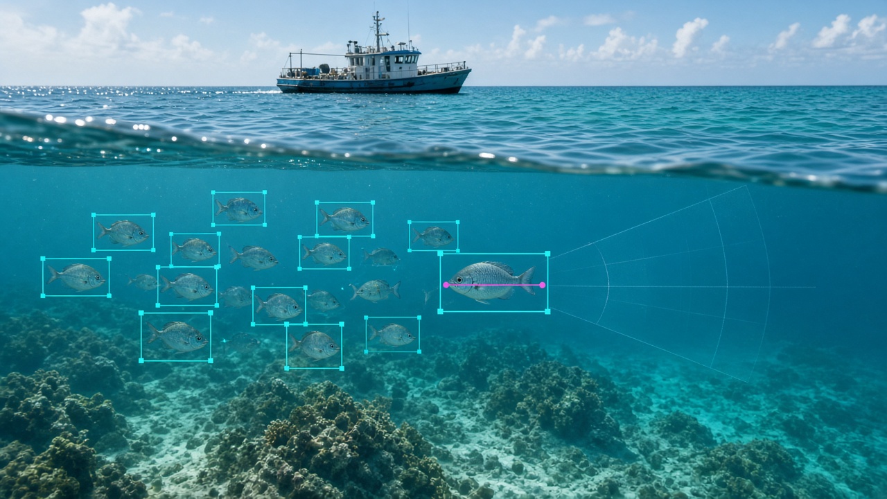 Underwater view of a fish school used for survey and biomass work