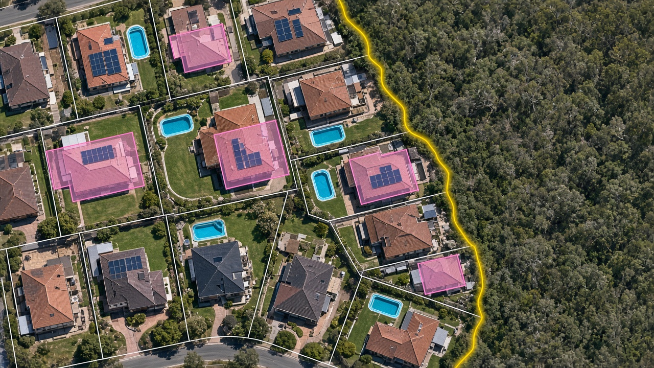Aerial view of suburban properties used for property risk analysis