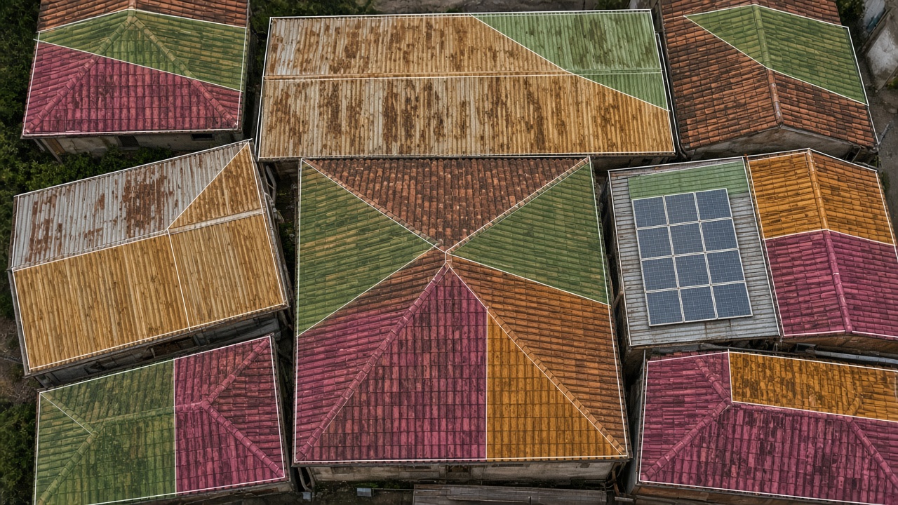 Close aerial view of roof tiles, condition, and solar panels