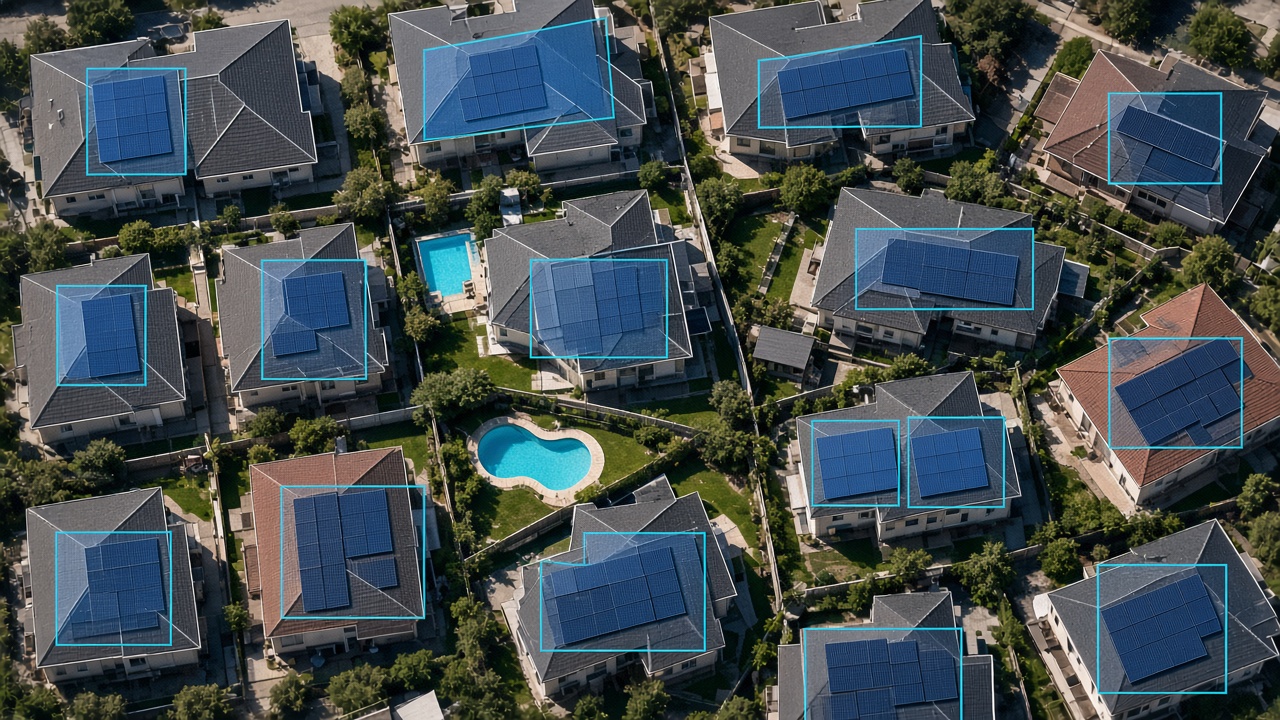 Suburban roofs with solar panels seen from aerial imagery